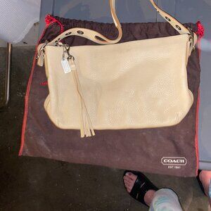 COACH Purse, Ivory Leather "East West" with Tassel & Pouch, Like New